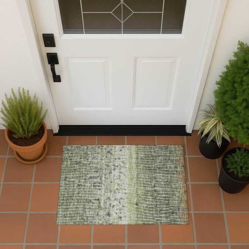 Machine Washable Indoor/ Outdoor Boho Modern Chantille Rug - Olive - 1'8" x 2'6"
