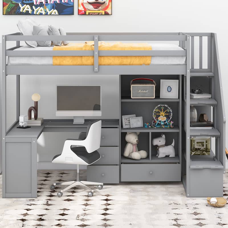 Twin/Full Loft Bed with L-Shaped Desk and Storage Staircase, Multi-Functional Solid Wood Loft Bed Frame with Drawers & Bookcase - Grey - Twin