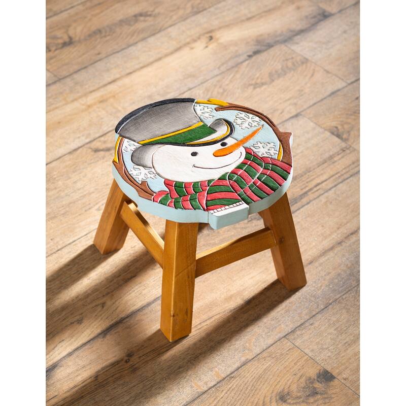 10 in. Hand-Carved Acacia Wood Holiday Footstool - Snowman