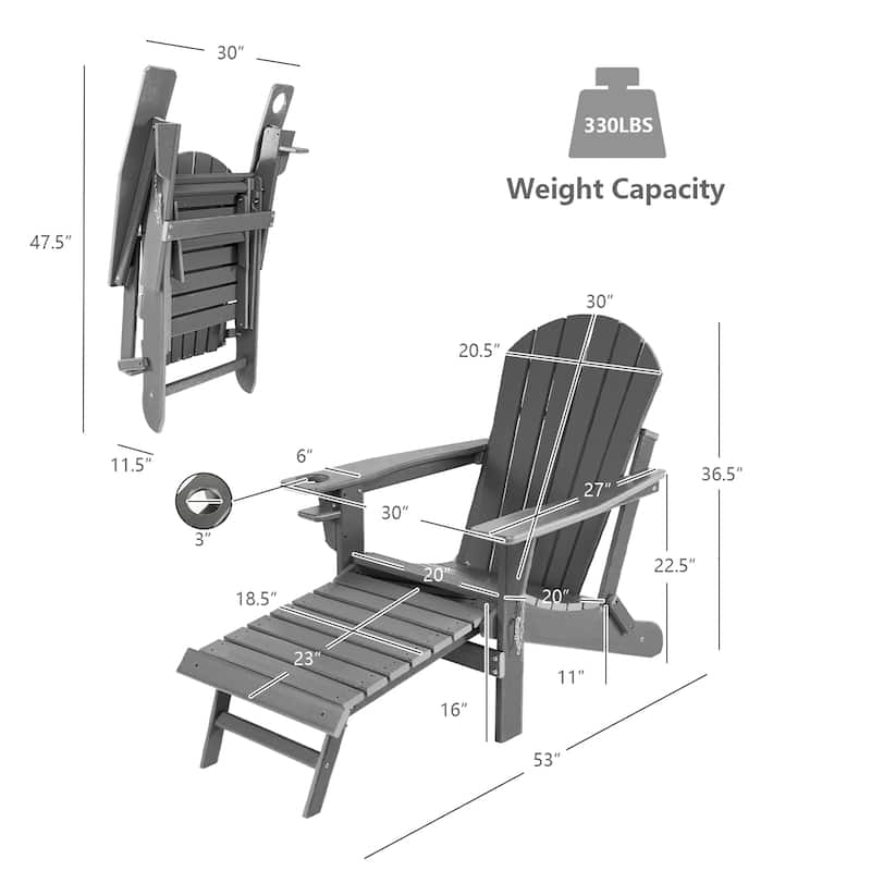 Costway Patio Folding Adirondack Chair HDPE All-Weather Pull-Out - 30''x 53''x 36.5''