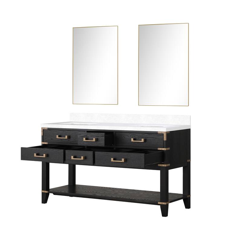 Norwalk 60 in W x 22 in D Black Oak Double Bath Vanity, White Quartz Top, and 28 in Mirrors