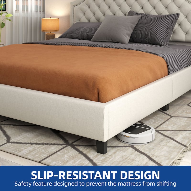 Moasis Linen Upholstered Platform Bed Velvet Bed Frame with Adjustable Headboard