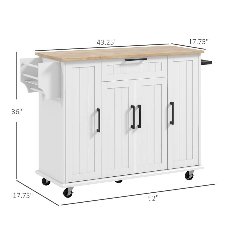 Kitchen Island On Lockable Wheels, Mobile Island Table with Rubberwood Top, Portable Island with Drawer & Adjustable Shelves