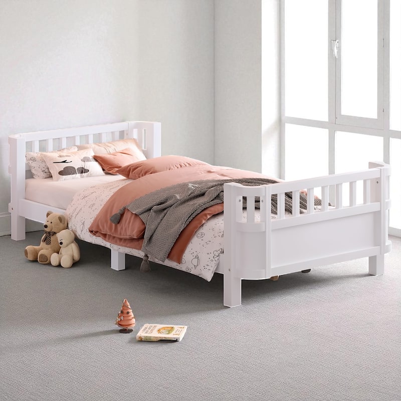 Wood Platform Bed with Guardrails & Detachable Fence, Twin/Full/Twin XL/Queen Size Kids Bed, Safety Design, No Box Spring - White - Twin XL
