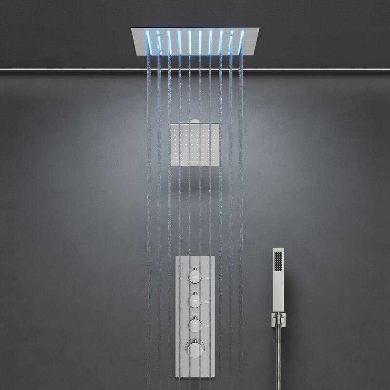 GRANDJOY Shower System 12 inch Ceiling and 6 inch Wall Mount Rainfall Dual Shower Heads with LED Handheld Spray Thermostatic - Brushed Nickel