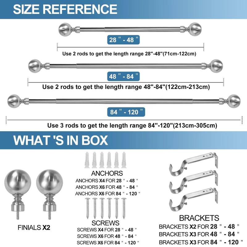 1-inch Diameter Steel Ball Adjustable Single Drapery Curtain Rod