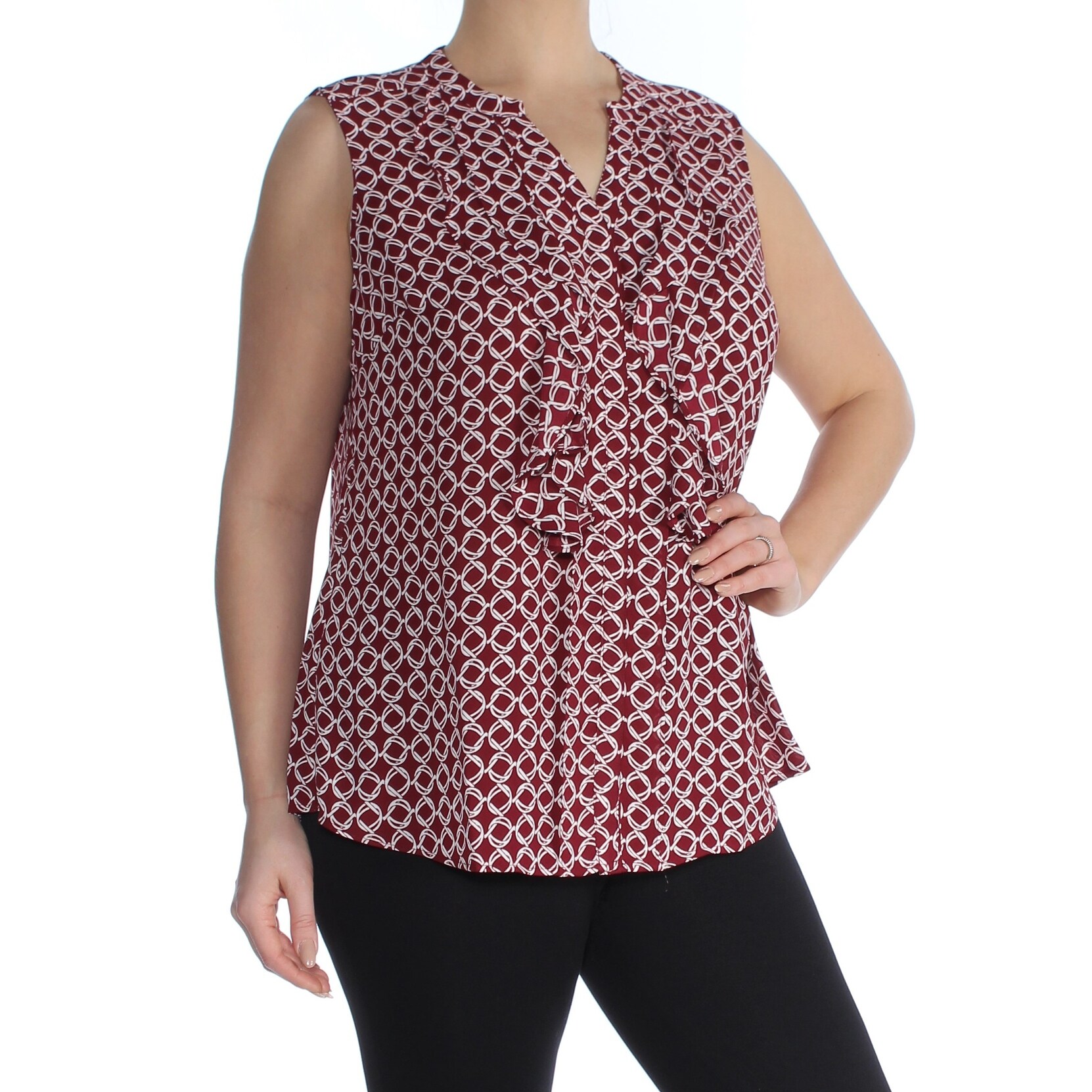 Shop Charter Club Womens Burgundy Ruffled Printed Sleeveless V