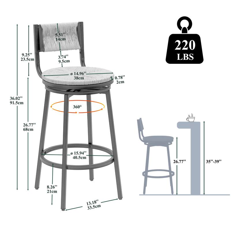 Modern Bar Stools Swivel Counter Chairs with Metal Frame Set of 2 Hand Woven Paper Rope Dining Barstools for Kitchen Counter