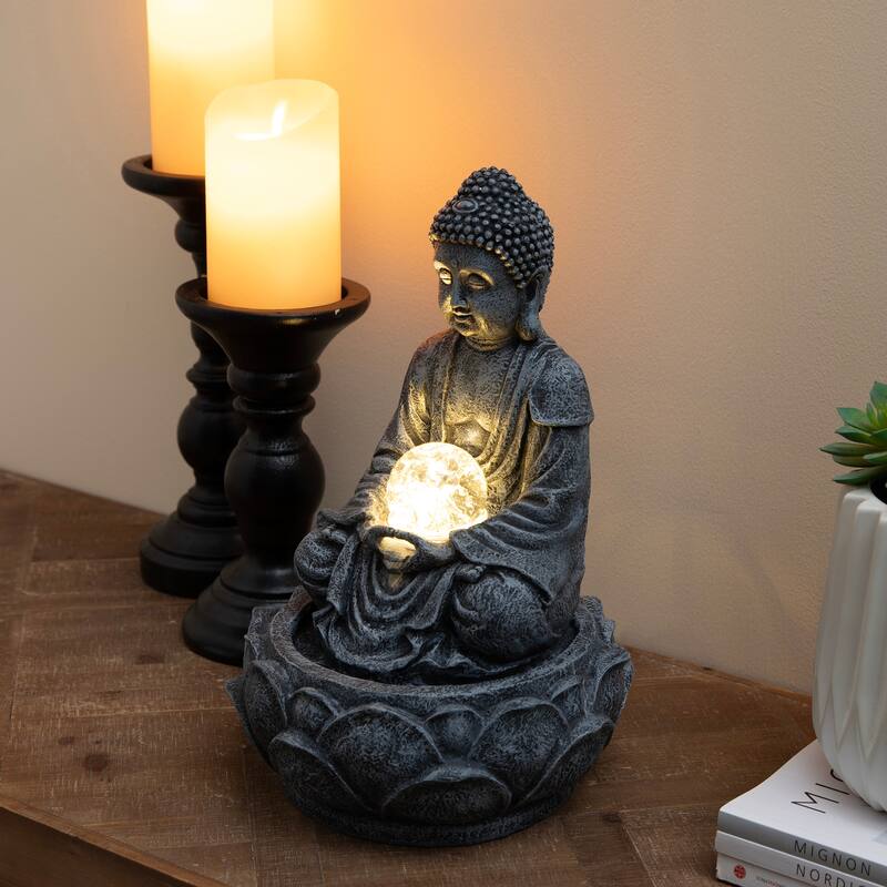 Glitzhome 12"H Zen-Style Polyresin Table Fountain with Pump and LED Light