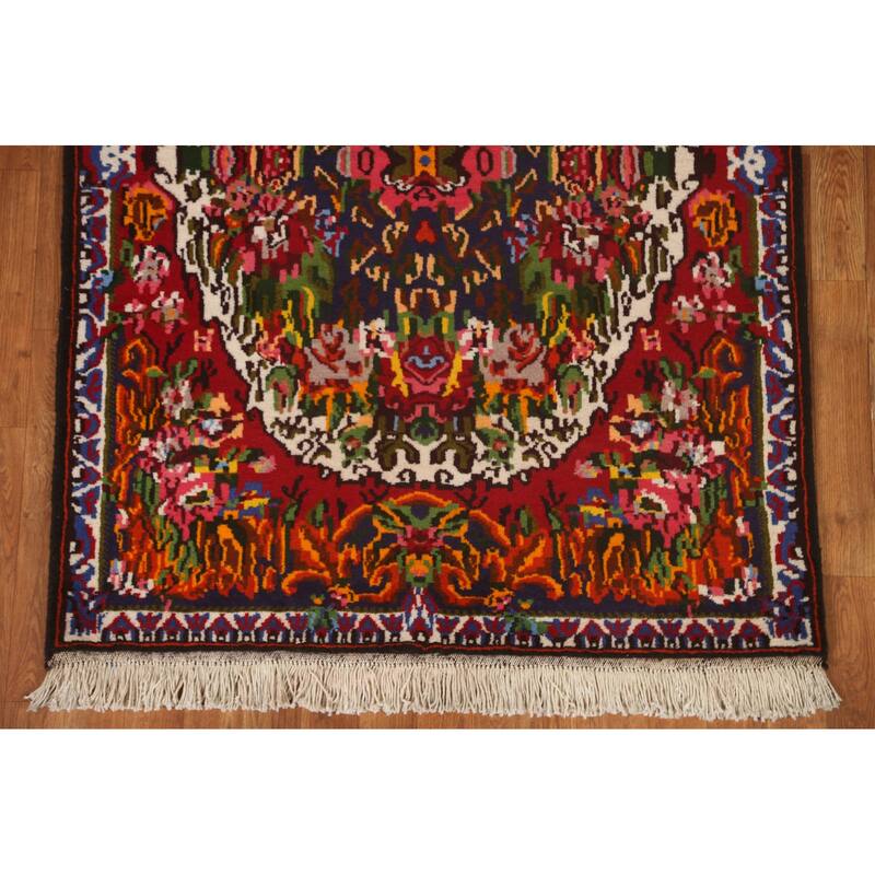Hand Knotted Oriental 100% Wool Carpet Traditional Floral Navy Blue & Blues Bakhtiari Area Rug - 4' 11'' X 3' 8''