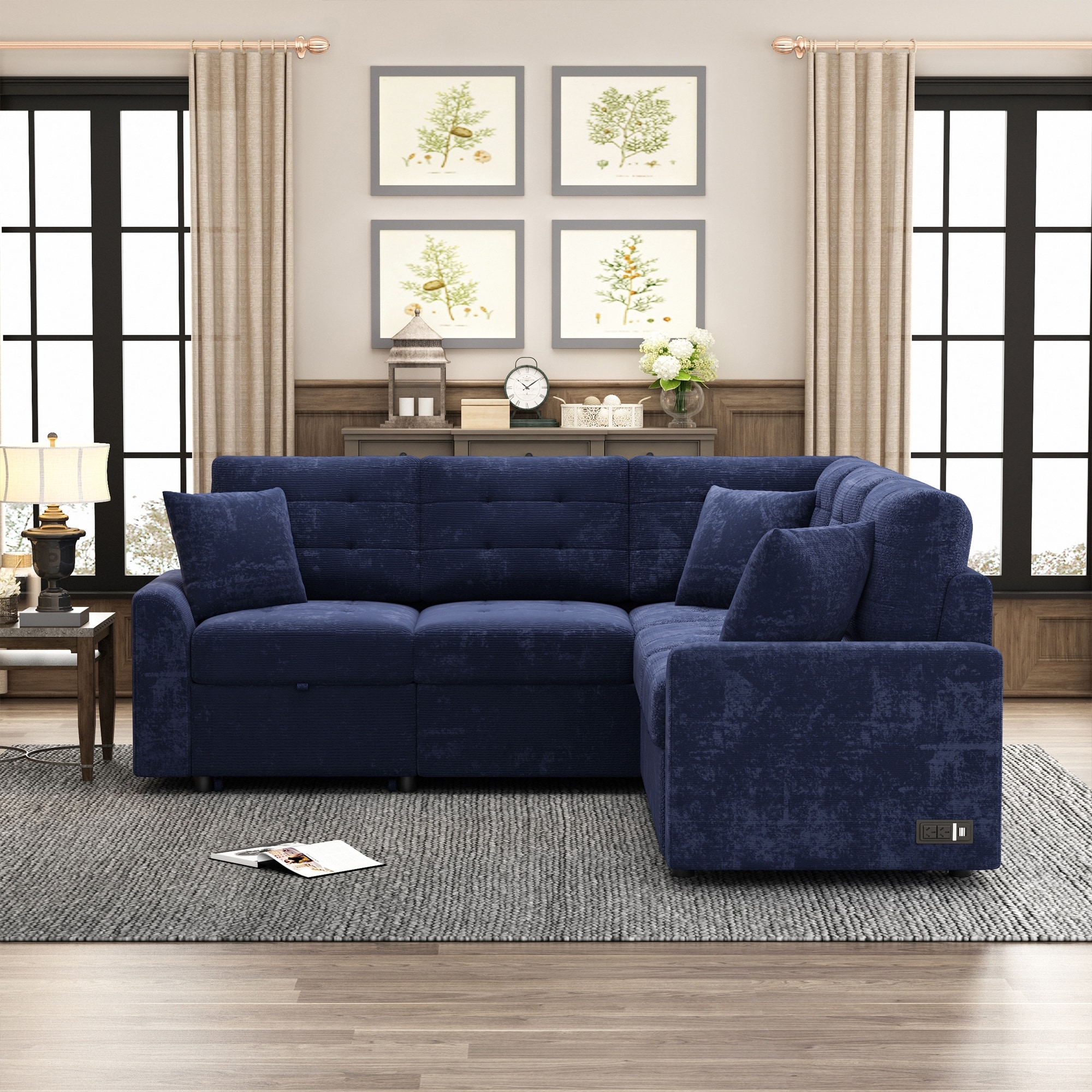 L shape Sectional with Pull out Sleeper Sofa Convertible Recliner Sofa Bed with Pillows and USB Ports for Living Room Navy Blue Bed Bath Beyond 39834307