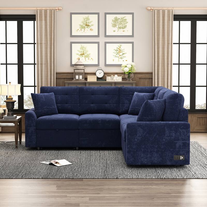 Roomfitters Pull-Out L-Shape Sofa Bed with Wheels, USB Ports, and Power Sockets, Functional Sleeper Sofa for Living Room Comfort