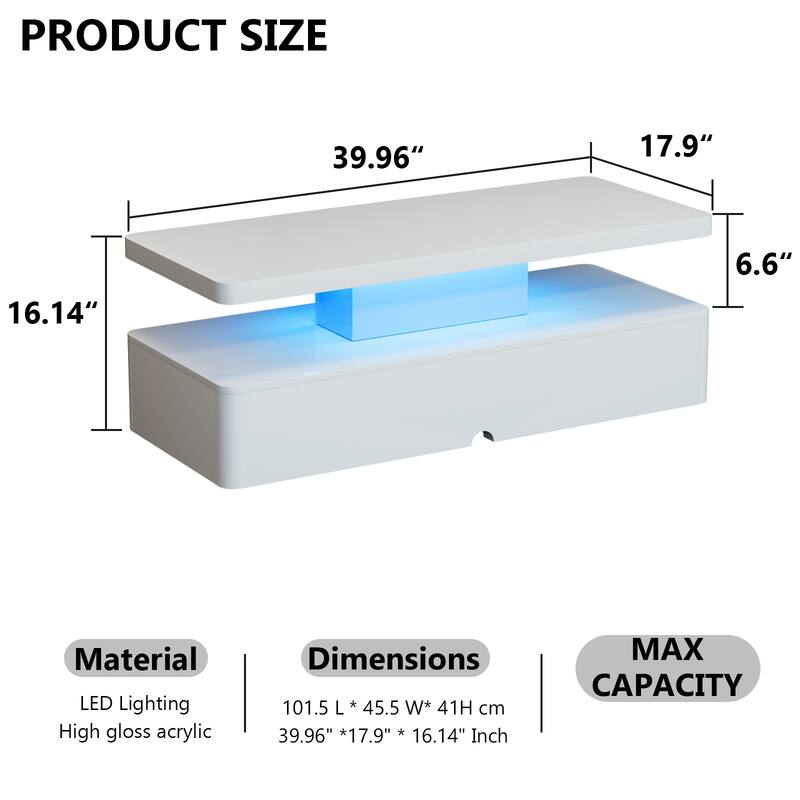 Modern Stylish Coffee Table with 16 Colors LED Lights, Double-Layer Design for Living Room