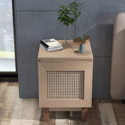 End Table, Modern Rattan Nightstand, Side Table with Retractable Desktop