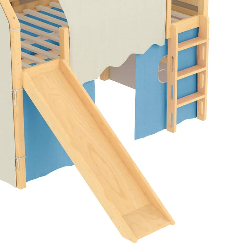 Fairytale Loft Bed Wooden House Bed with Tents, Light Strip and Slide