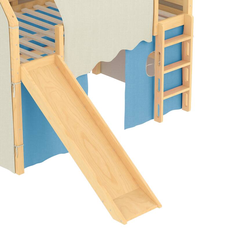 Full Size House Loft Bed with Sills and Tents, Solid Wood Loft Bed with Ladders and Slide, Chic Design with Lights
