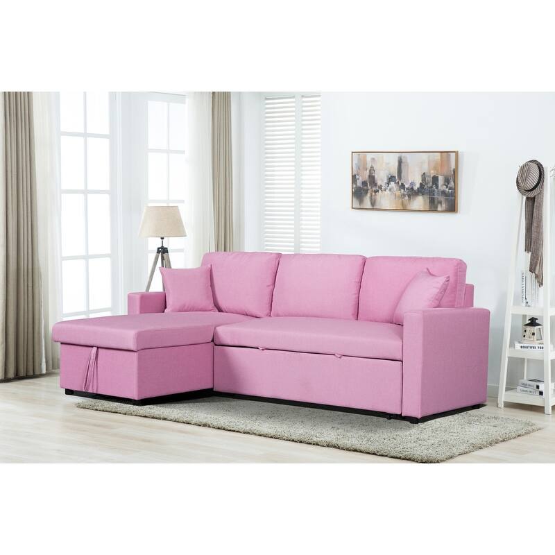 Paisley Linen Fabric Reversible Sleeper Sectional Sofa with Storage Chaise - Pink