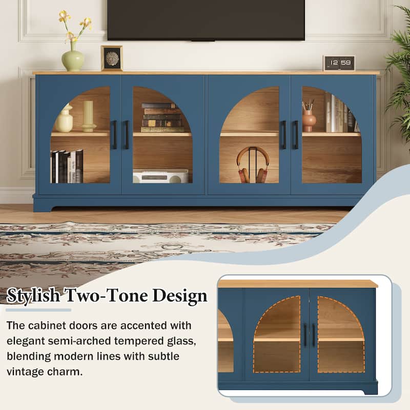 Farmhouse TV Stand with Semi-Arched Glass Doors for TVs Up to 70",Adjustable Shelves,Wood Grain Sideboard with Cable Management