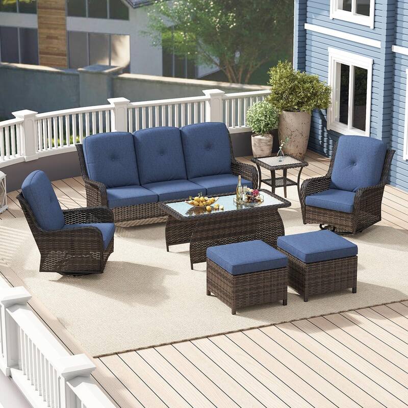7 Pieces Patio Furniture Set with Swivel Rocking Chair, Coffee Table, Side Table for Backyard, Garden, Navy Blue/Beige/Orange - Navy Blue