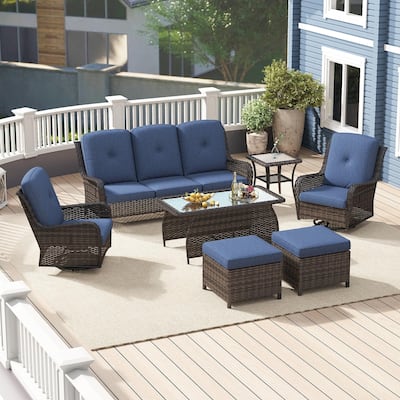 7 Pieces Patio Furniture Set with Swivel Rocking Chair, Coffee Table, Side Table for Backyard, Garden, Navy Blue/Beige/Orange