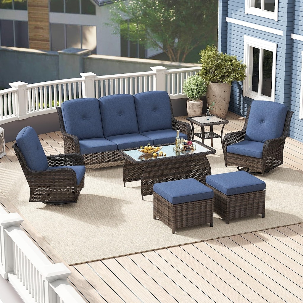 7 Pieces Patio Furniture Set with Swivel Rocking Chair, Coffee Table, Side Table for Backyard, Garden, Navy Blue/Beige/Orange