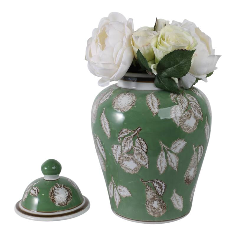 Ceramic Temple Jar Modern Pear Twigs Chinoiserie Design with Lid