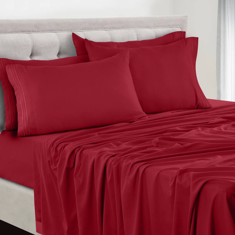 6 Piece Bed Sheet Set Deep Pocket Ultra Soft Microfiber Bedding Sheets - Twin XL - Burgundy