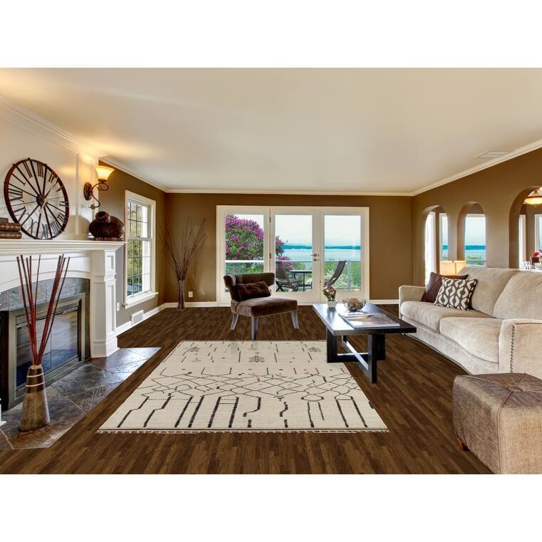 Ivory Moroccan Abstract Area Rug Handmade Wool Carpet - 5'9"x 9'10"