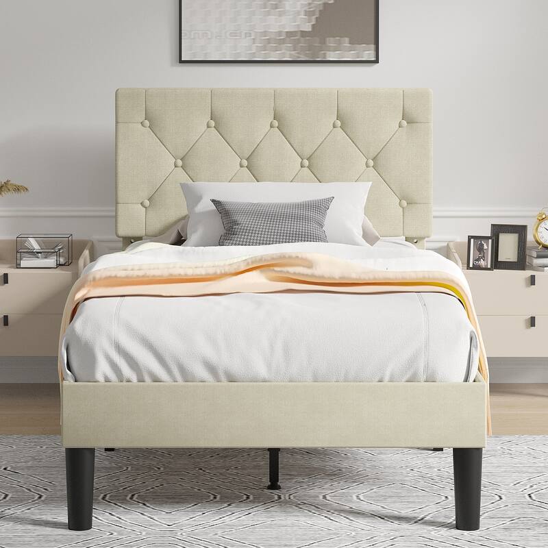 VECELO Tufted Upholstered Linen Bed Platform Bed Frame with Upholstered Headboard, Button Tufted Design - Beige - Twin