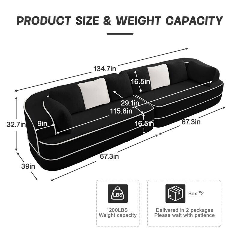 Rossetta 135" 4-Seat Modular Contrast Color Symmetrical Sectional Teddy Fabric Boneless Sofa