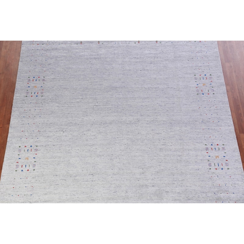 Hand Knotted Oriental Viscose Silk Carpet Tribal Stripe Greys & Charcoal Gabbeh Area Rug - 9' 8'' X 8' 2''