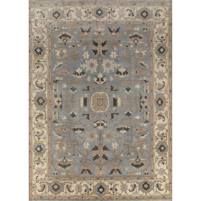 Light Blue Floral Oushak Indian Rug Handmade Traditional Wool Carpet - 9'3" x 11'9"