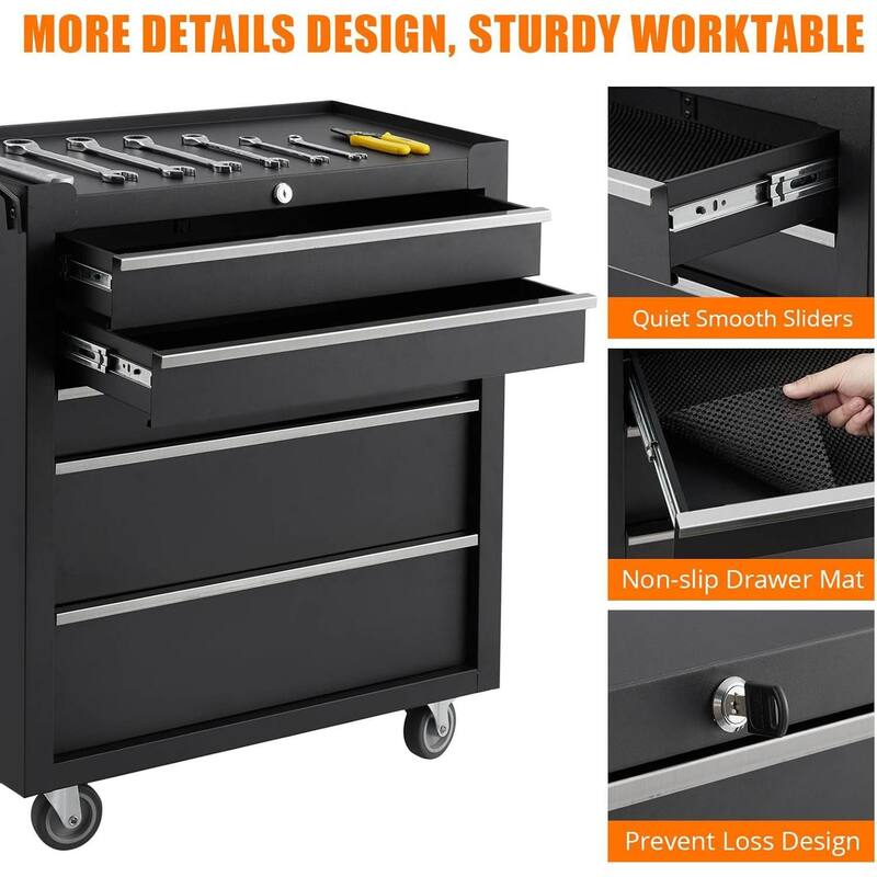 5-Drawers Tool Storage Cabinet, Toolbox with Wheels - N/A