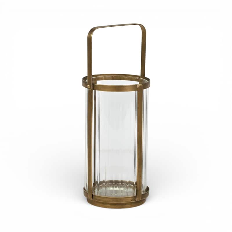 Vortial Fluted Glass Candle Lantern with Gold Metal Frame