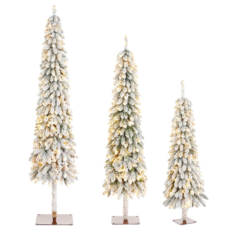 Glitzhome 4.5ft&6ft&7.5ft Pre-Lit Flocked Artificial Christmas Tree in Pot with Warm White LED Lights Porch Decor,Pack of 3
