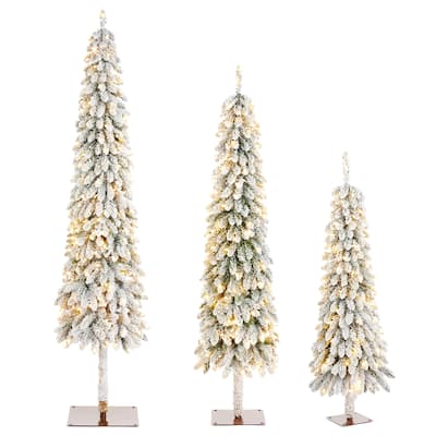Glitzhome 4.5ft&6ft&7.5ft Pre-Lit Flocked Artificial Christmas Tree in Pot with Warm White LED Lights Porch Decor,Pack of 3