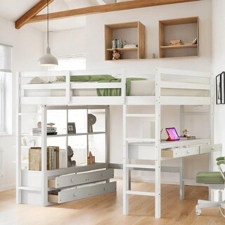 Multi-functional Design Full Size Loft Bed with Built-in Desk with 2 Drawers and Storage Shelves, Space Saving, White