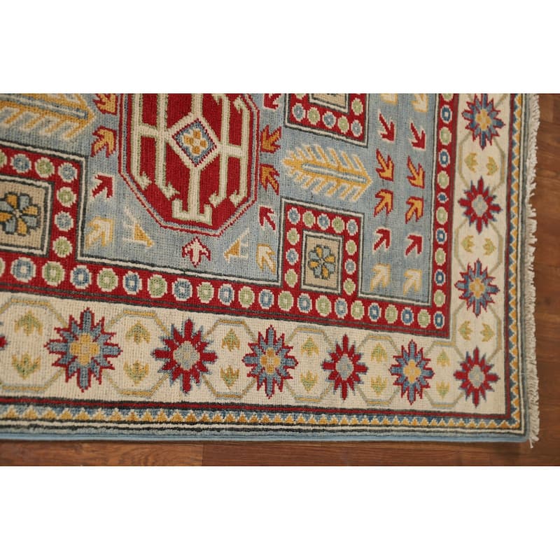 Geometric Blue Kazak Oriental Runner Rug Handmade Wool Carpet - 2'6" x 13'1"