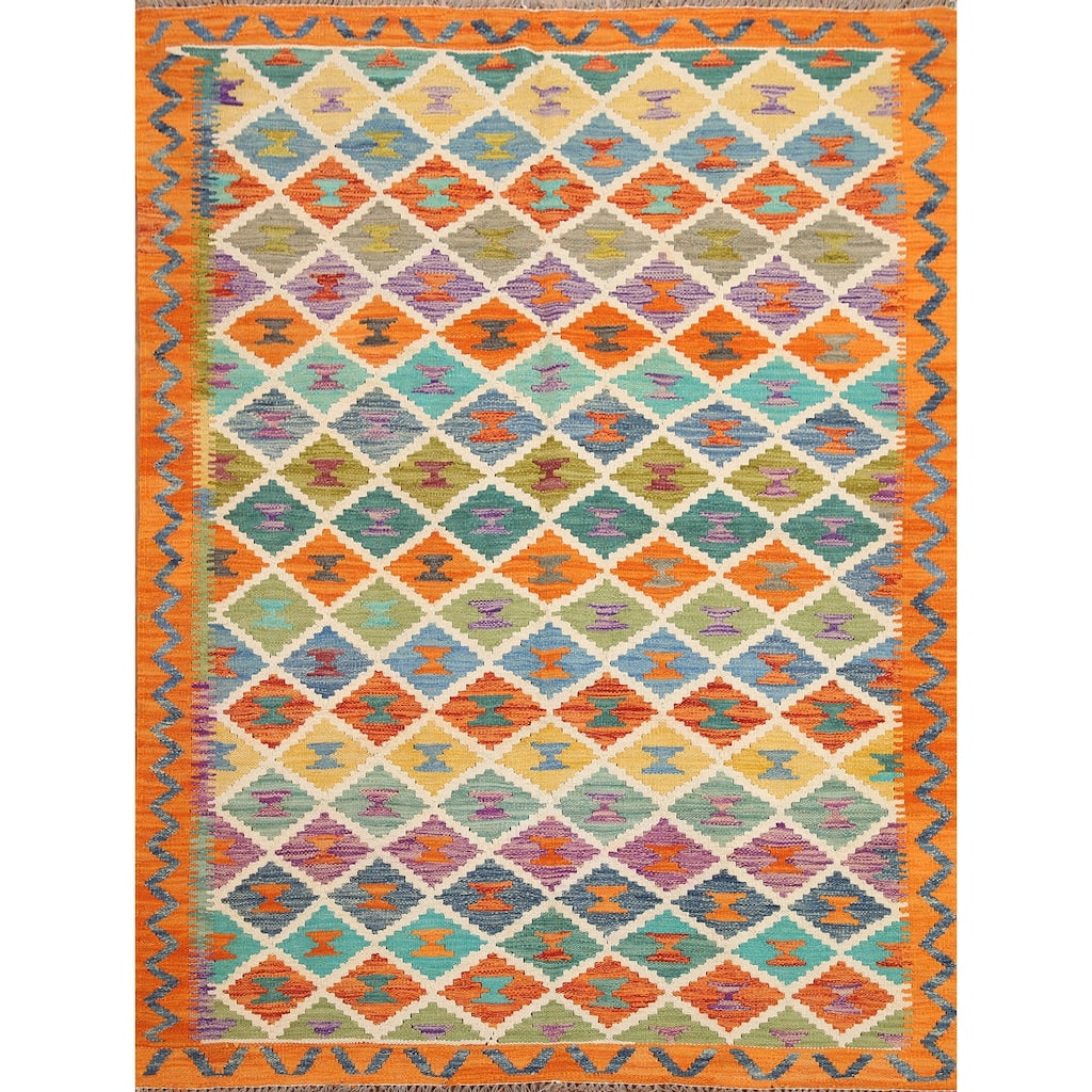 Hand Woven Oriental 100% Wool Carpet Southwestern Geometric Multi-Colored Kilim Area Rug - 6' 1'' X 5' 0''