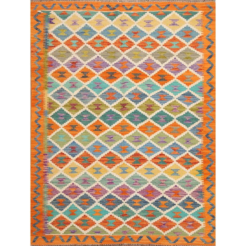 Hand Woven Oriental 100% Wool Carpet Southwestern Geometric Multi-Colored Kilim Area Rug - 6' 1'' X 5' 0''