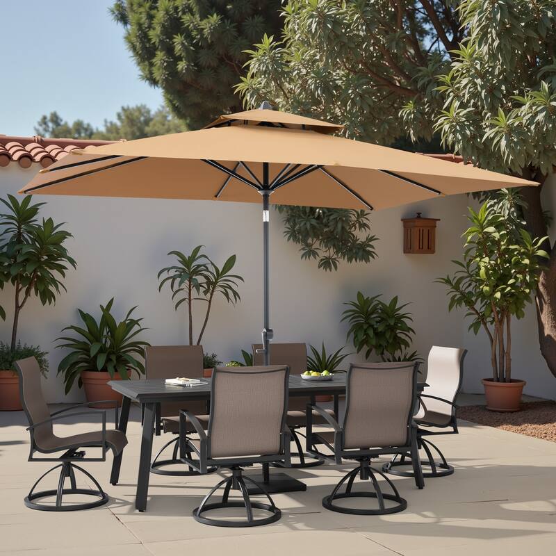 9-Piece Outdoor Aluminum Dining Table and Swivel Sunbrella Chairs with Market Umbrella and Base Set