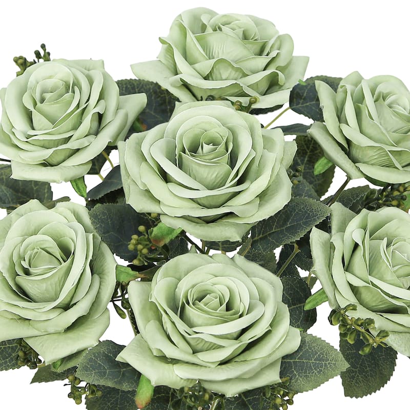 Set of 2 Sage Green Artificial Queen Tea Rose Flower Stem Bush Bouquet 17in - 17" L x 9" W x 9" DP