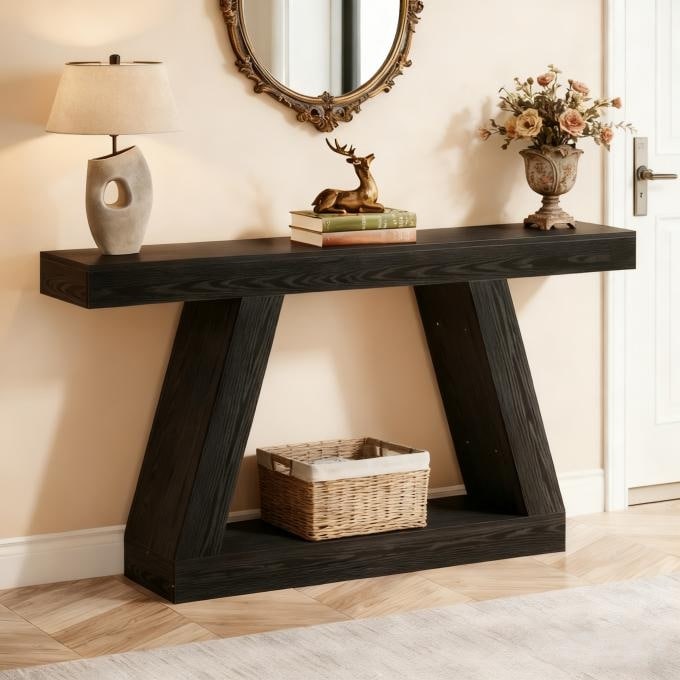 55-Inch Wooden Console Table with Storage, Farmhouse Sofa Table Entryway Table for Hallway, Living Room
