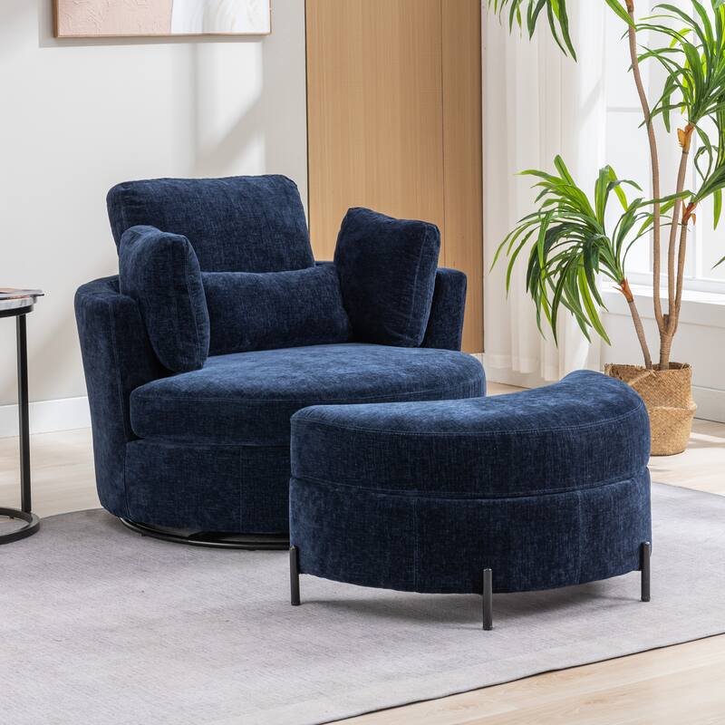 42.3"W Upholstered Swivel Accent Chair with 4 Pillows and Half-Moon Storage Ottoman - Navy