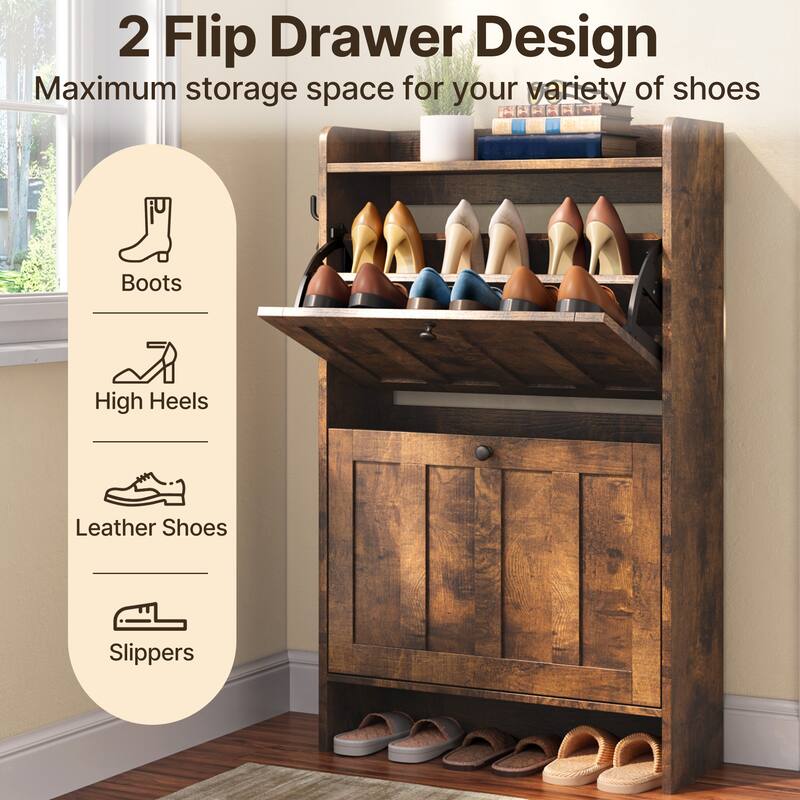 Shoe Cabinet with Flip Drawers, Slim Shoe Storage Cabinet for Entryway, Freestanding Narrow Rack with Open Storage