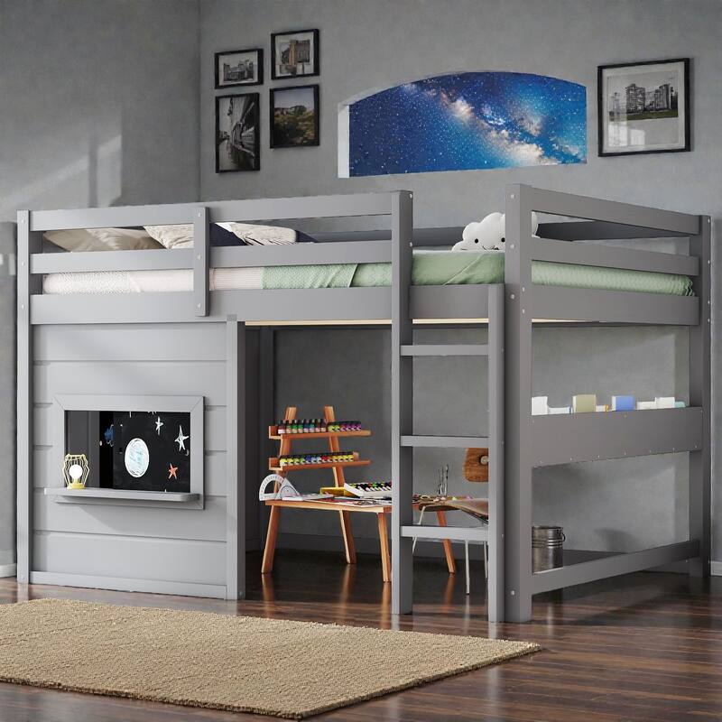 Twin/Full Loft Bed with Sliding Chalkboard, Built-in Bookshelf, Solid Wood Frame & Safety Guardrails, Kids Playhouse Bed - Grey - Full