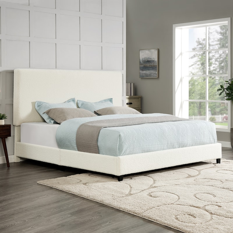 King Size Boucle Platform Bed with Upholstered Headboard and 750 lb Capacity (Box Spring Required)