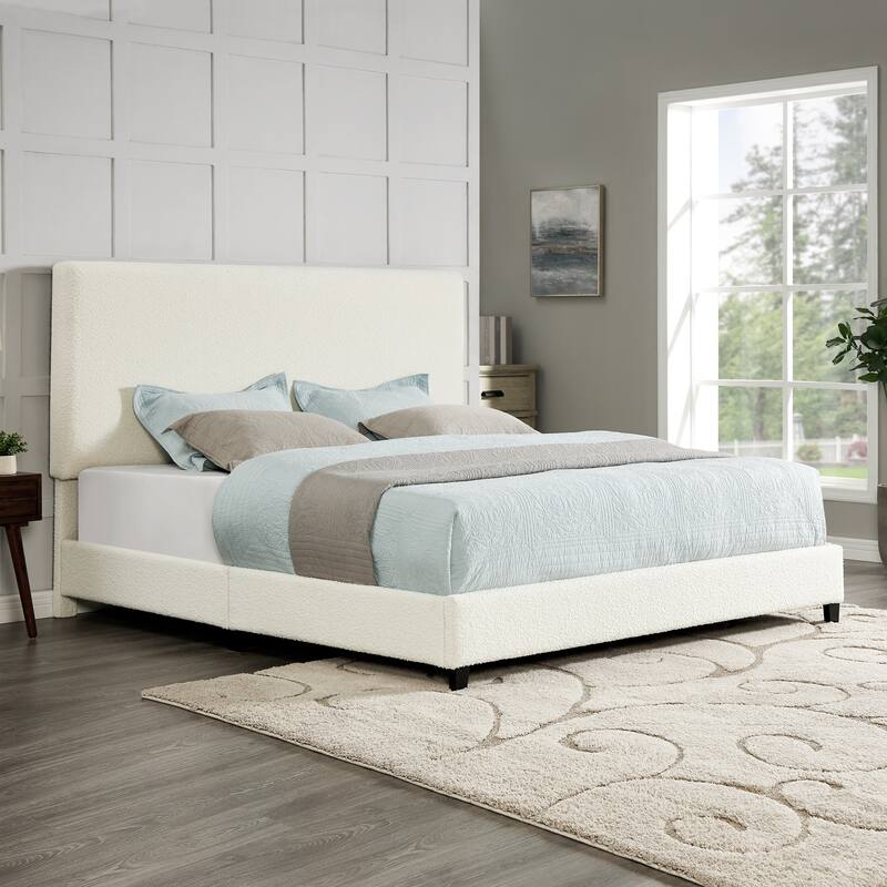 White Boucle Upholstered King Size Platform Bed with Padded Headboard