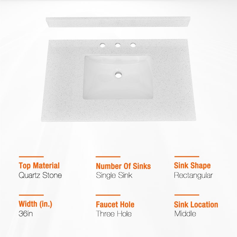 Bathroom Vanity Quartz Counter Top with Undermount Rectangular Ceramic Sink Backsplash