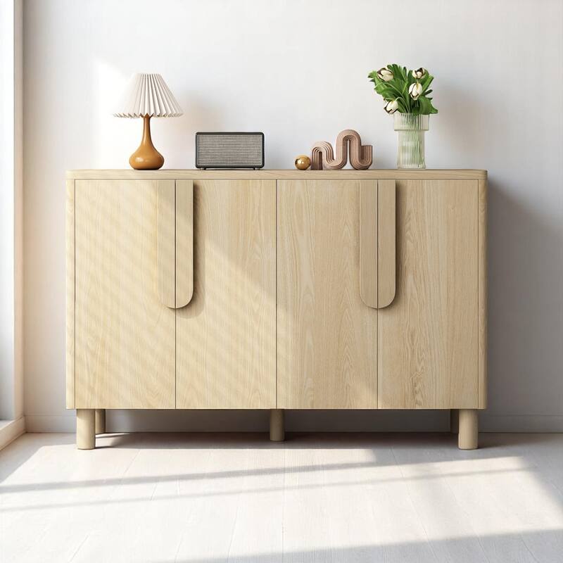 4-Door Sideboard Buffet Cabinet with Adjustable Shelves and Cable Management,Arc Handles, Pine Wood Legs,47" Storage Console - Natural